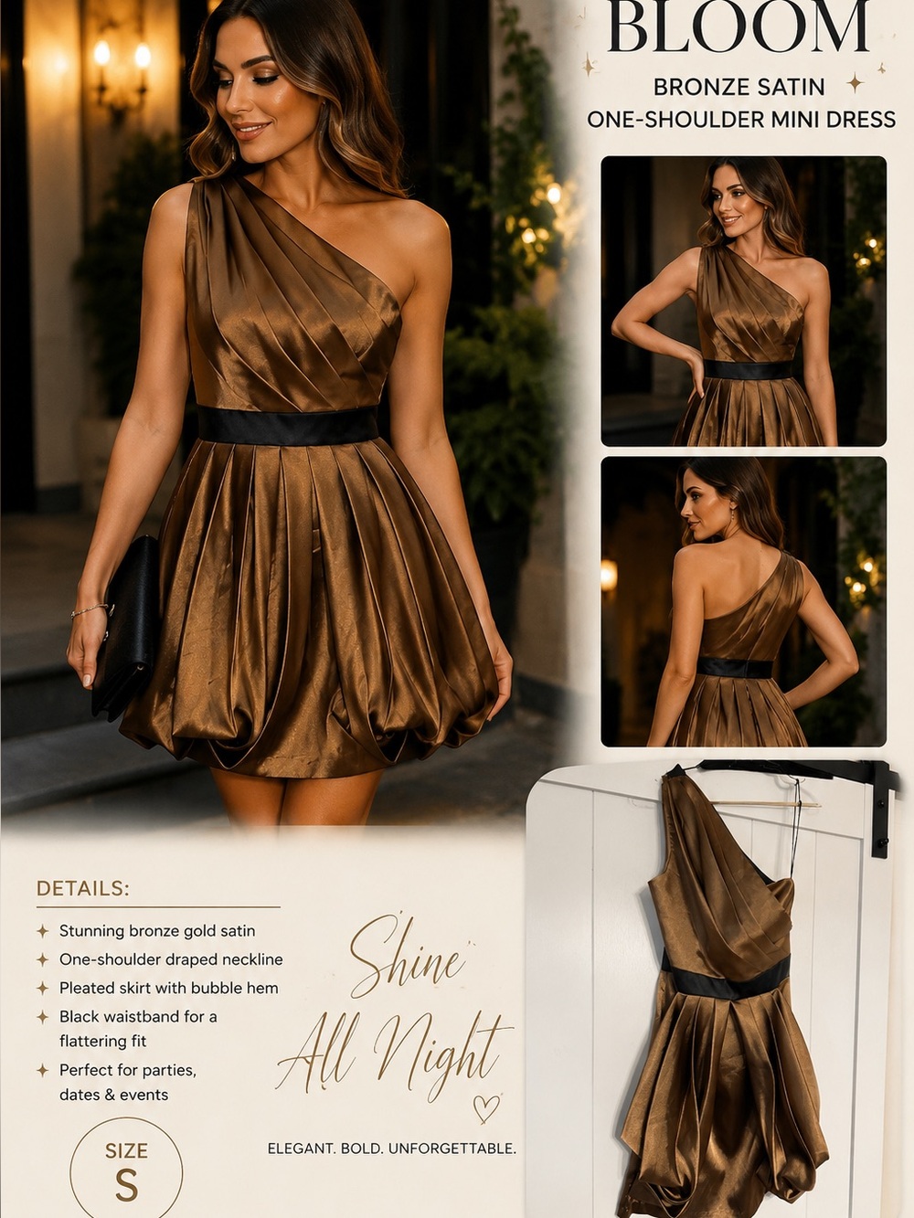bloom Bronze Gold One-Shoulder Bubble Hem Mini Dress